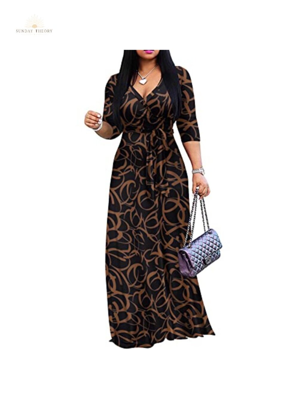 Women's Plus Size Maxi Dress 3/4 Sleeve V-Neck Casual Long Dress with Belt